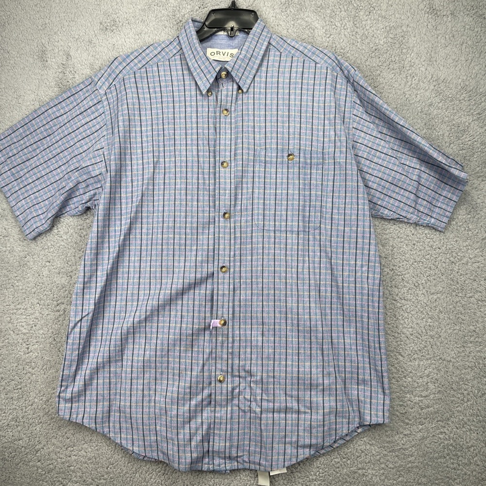 Orvis Button Down Shirt Mens Large Blue Good Plaid Short Sleeve Cotton Pocket